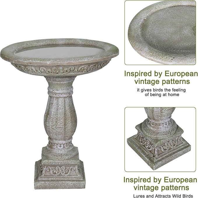 SKYFIRE 23.8" Tall Pedestal Bird Bath for Outdoor, Antique Weathered Concrete Birdbath with Decorative Carving, Durable Freestanding Fiber-Reinforced Cement Bird Bath for Garden, Patio, Lawn, Backyard