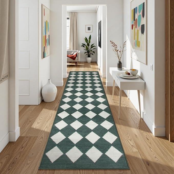 Lahome Zelie Checkered Washable 2x8 Green Runners for Hallways Non Slip, Ultra-Thin Kitchen Bathroom Runner Rugs, Moroccan Trellis Throw Carpet Runner for Bedroom Entryway Decor (2'x8',Dark Green)