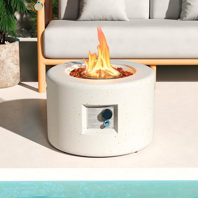 Tangkula Propane Fire Pit Table, 25.5” Round Terrazzo Gas Fire Pit with Stainless Steel Burner & Lava Rocks, Protective Cover & Tank Seat Included, 40,000 BTU Smokeless Fire Pit for Outside Patio