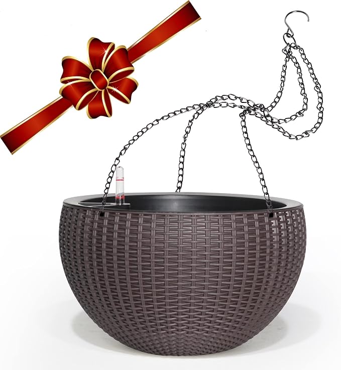 Dexceder 13.5 Inch Self Watering Hanging Planter (Brown) | Thickened Large Hanging Basket Flower Plant Pot with Water Level Indicator Indoor Outdoor