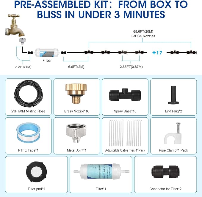 75FT Misters for Outside Patio – Outdoor Misting Cooling System with 20 Brass Nozzles, 3/4" Adapter & Water Filter, Upgraded Pre-Assembled, Large Area Cooling for Garden, Patio, Pool, Backyard