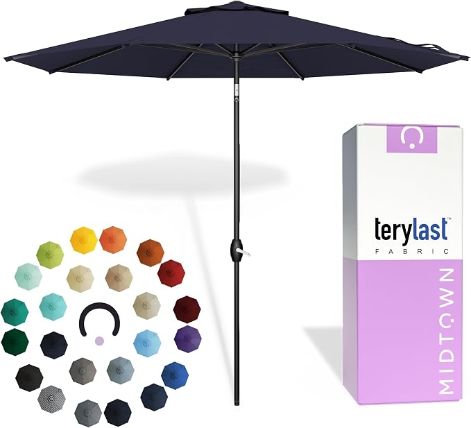 Midtown Umbrellas - 10-Year-No-Fade 9 Ft Patio Umbrella with Terylast Fabric, Auto-Tilt Aluminum Frame and 8 Reinforced Ribs for Deck, Pool, Garden & Beach - Navy Blue Canopy, Black Pole