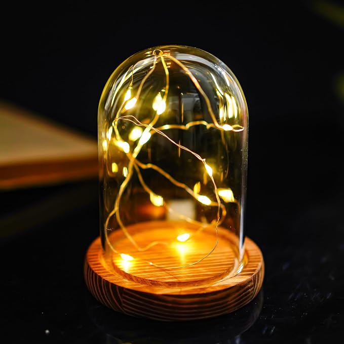 ZEERSHEE Small Cloche Glass Dome with Wooden Base, Glass Display Dome Bell Jar for Plants, Keepsakes, Collectibles and Home Decor, Mini Cloche for Fairy Lights & Preserved Flowers, 5.1" H x 3.9" W