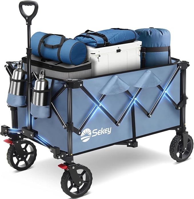 Sekey Collapsible Foldable Wagon with 300lbs Weight Capacity, Heavy Duty Folding Wagon Cart with Big All-Terrain Wheels & Drink Holders.Blue