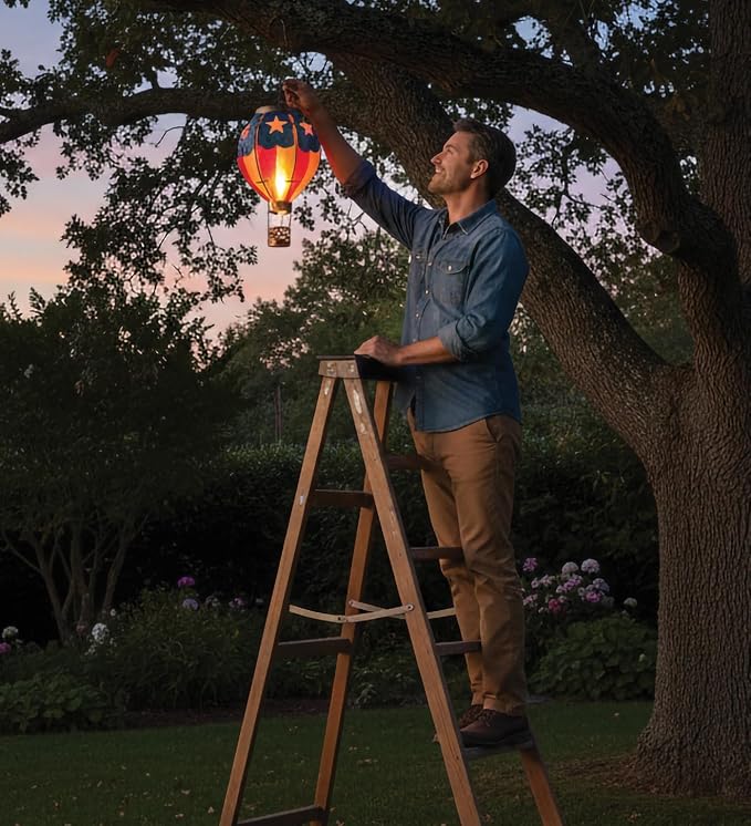 Regal Art & Gift Hot Air Balloon Solar Lantern – Hanging Solar-Powered LED Lights, Waterproof Portable Decorative Outdoor Lamp Made of Metal & Glass for Garden, Patios & Pathway – Americana (Small)