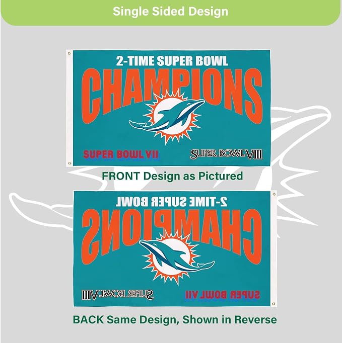 Team Sports America NFL Miami Dolphins Multi-Win Superbowl Champions 3x5 Flag for Outside with Grommets | Outdoor & Indoor | Heavy Duty Flag & Banner | Works with Flag Pole for Outside House