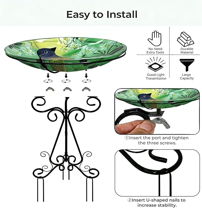 Large Bird Bath for Outside, 18" H Glass Bath Bowl with Metal Stand 28" H Standing Outdoor Birdbaths for Garden Yard Lawn Decor,Baltimore Oriole