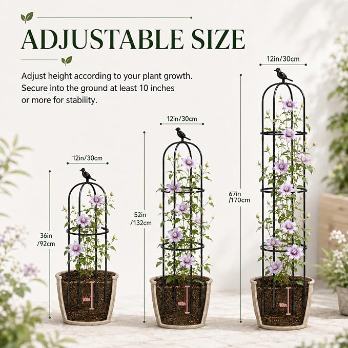 FOLLOOK Garden Obelisk Trellis for Climbing Plants Outdoor, Lightweight Climbing Plant Support Flower Roses Clematis Vegetable Light Vines Round Trellis for Raised Garden Bed Planter, Black, 1 Pack