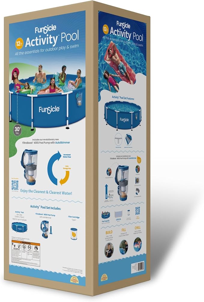Funsicle Activity 12' x 30" Round Above Ground Swimming Pool, Includes FiltraBoost 400 GPH Filter Pump with AutoSkimmer, Type I Filter Cartridge & Repair Patch