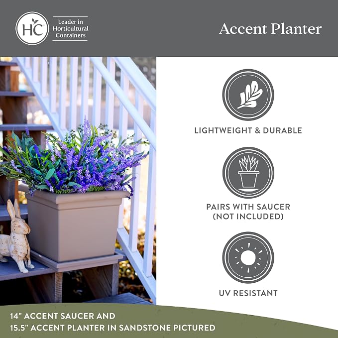 The HC Companies 15.5 Inch Accent Square Plant Pots with Drainage, Lightweight UV-Resistant Plastic Planters for Indoor & Outdoor Plants, 2-Pack Flower Pots for Garden, Office & Home Decor, Chocolate