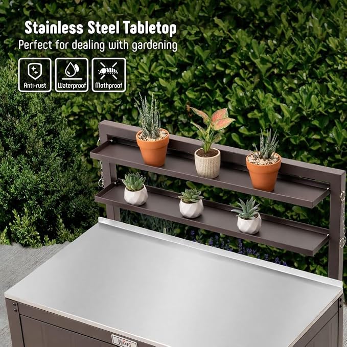 Feasto Outdoor Potting Bench Table with Storage Cabinet, Brown | Stainless Steel Garden Workstation, Raised-Edge Top, Adjustable Shelf & Removable Hutch, Patio, Balcony & Outdoor Workspace
