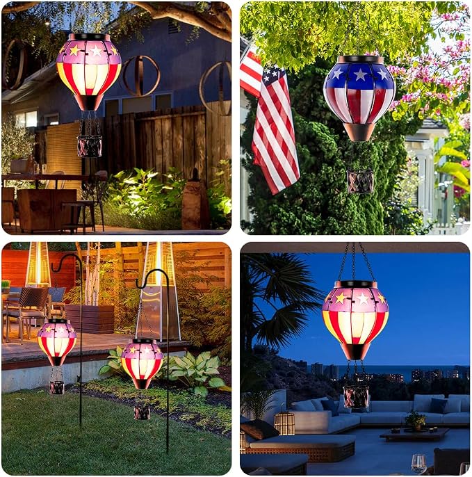 Hot Air Balloon Outdoor Lantern with Flickering Flame, Handmade Glass Solar Lantern with Flag Pattern Waterproof Lantern Lamp for Patio, Garden, Porch | Handmade Glass Outdoor Lantern, Flickering Flame, Waterproof Lantern Lamp for Patio, Garden, Porch,...