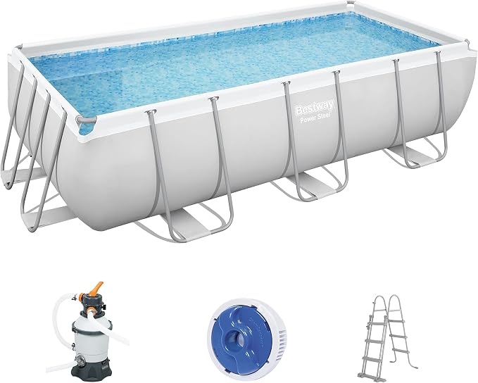 Bestway Power Steel Frame Pool-Set mit Sandfilteranlage 404 x 201 x 100 cm, lichtgrau, eckig