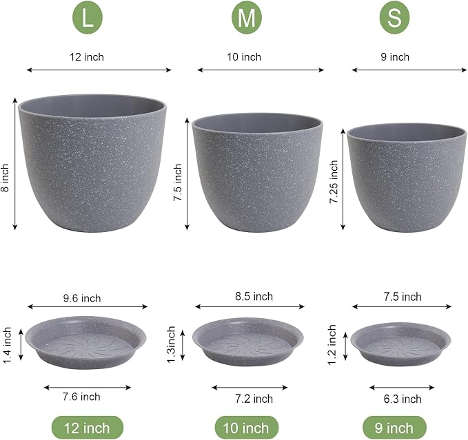 WSMKSZ 12/10/9 inch Large Plant Pots, 3 Pack Modern Decorative Plastic Planters with Drainage Holes and Saucer for House Garden Plants, Flower Pots for Indoor Outdoor Plants, Speckled Grey