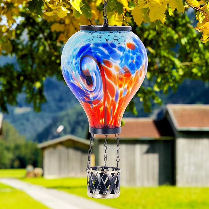 Starsoul Unique Hot Air Balloon Solar Lantern Glass Outdoor Hot Air Balloon Solar Flickering Flame Light Waterproof Hanging Lantern with Big Basket for Garden Yard Patio Decor