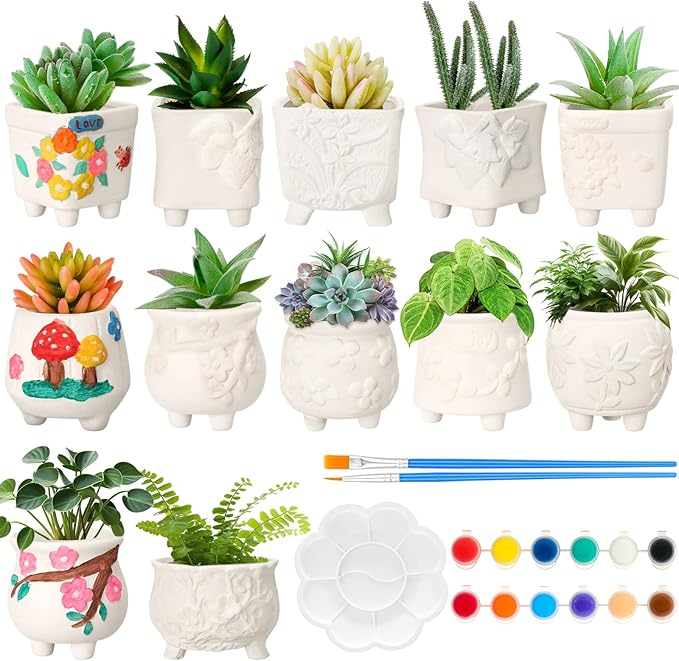Hushee 12 Sets Ceramic Succulent Planters Paintable Succulent Plant Pots Small DIY Figurines Unpainted Pots with Drainage Hole Color Paints Paintbrushes Palettes