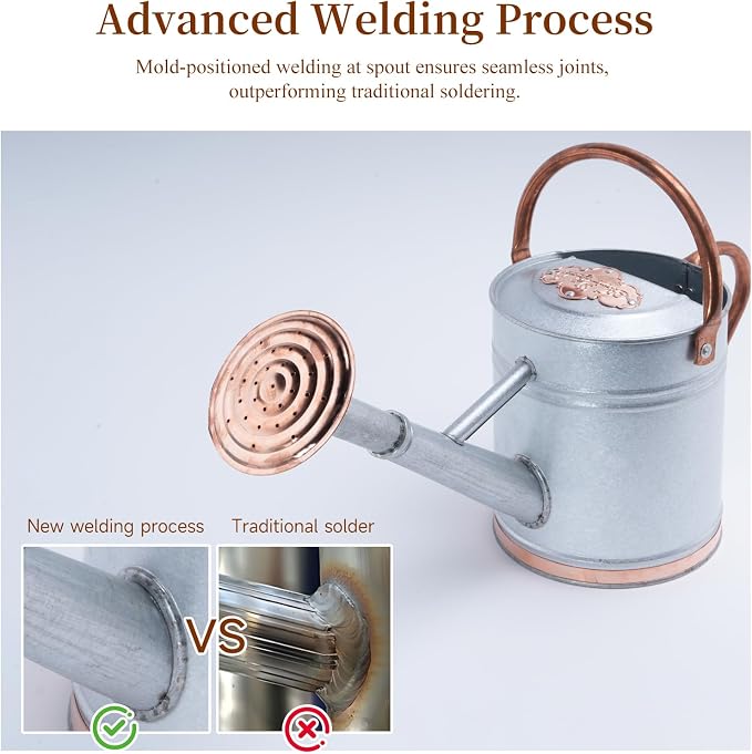 1 Gallon Metal Watering Can with Real Copper Details, Fine-Grid Galvalume Body, Removable Watering Rose for Indoor Plants, Patio and Greenhouse