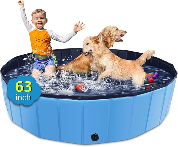 CACSPS Foldable Dog Pool, 63" x 12" Kiddie Pool with Hard Plastic, Non-Slip Dog Bath Tub for Outdoor Backyard, Collapsible Dog Swimming Pool for Kids Dogs Pets (Blue)