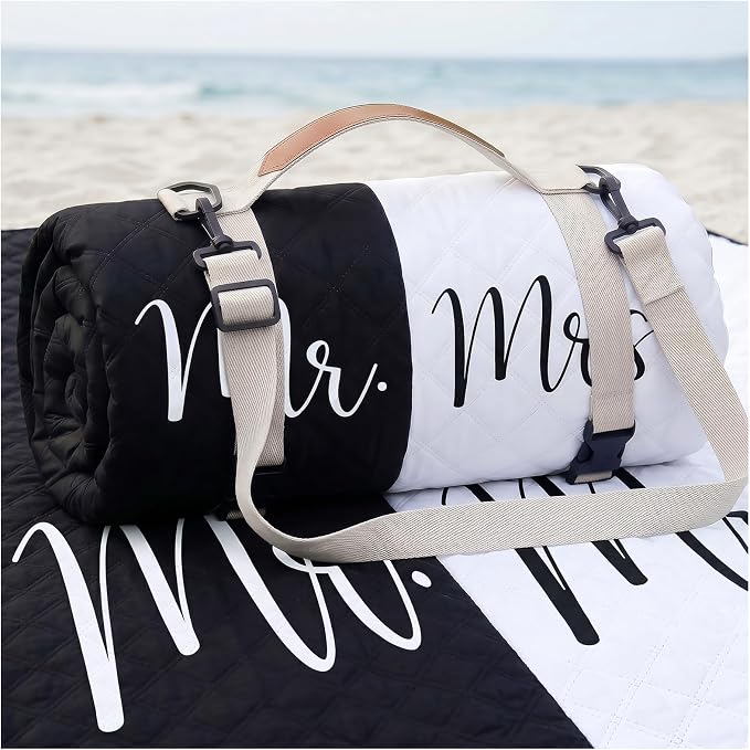 Waterproof Beach Blanket Picnic Outdoor Mat Bridal Shower Gifts Registry Bride Groom Name Newly Wed Must Haves Engagement Party Stuff Marriage Newlywed Couple Mr Mrs Honeymoon Elopement Essential