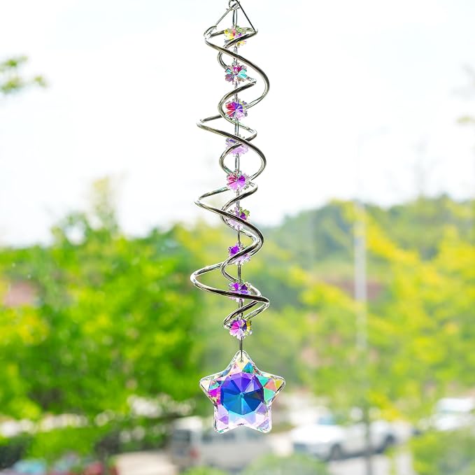 21 Inch Crystal Spiral Wind Spinner Gazing Ball Suncatcher Decor | Crystal Suncatcher Spiral Gazing Ball with Rainbow Maker Hanging Wind Spinner for Window Garden Porch Christmas Decor