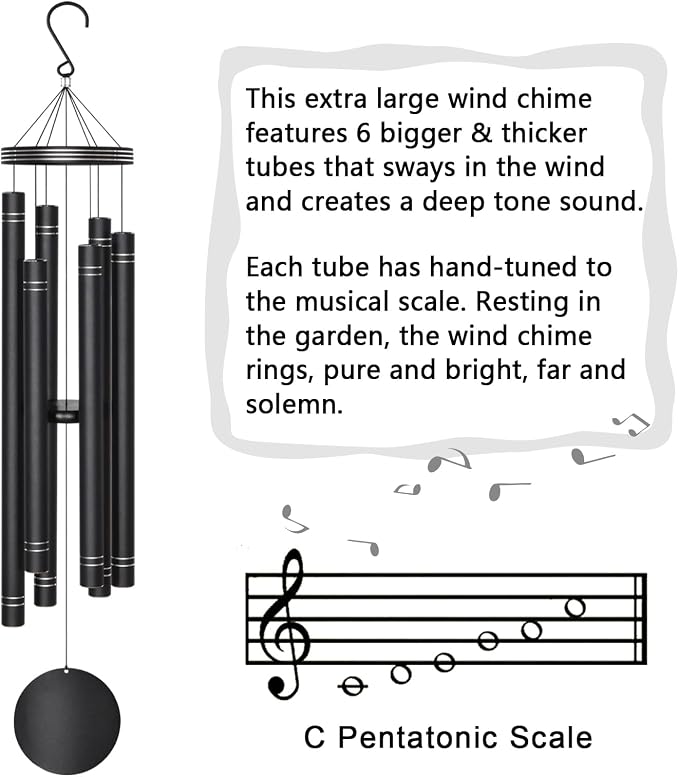 Extra Large Wind Chimes for Outside Deep Tone - Engraved Lines of Aluminum Tubes, Total 50 in Black Deep Tone Wind Chimes, Memorial Sympathy Gifts, Soothing Wind Chime Outdoor Garden Decor