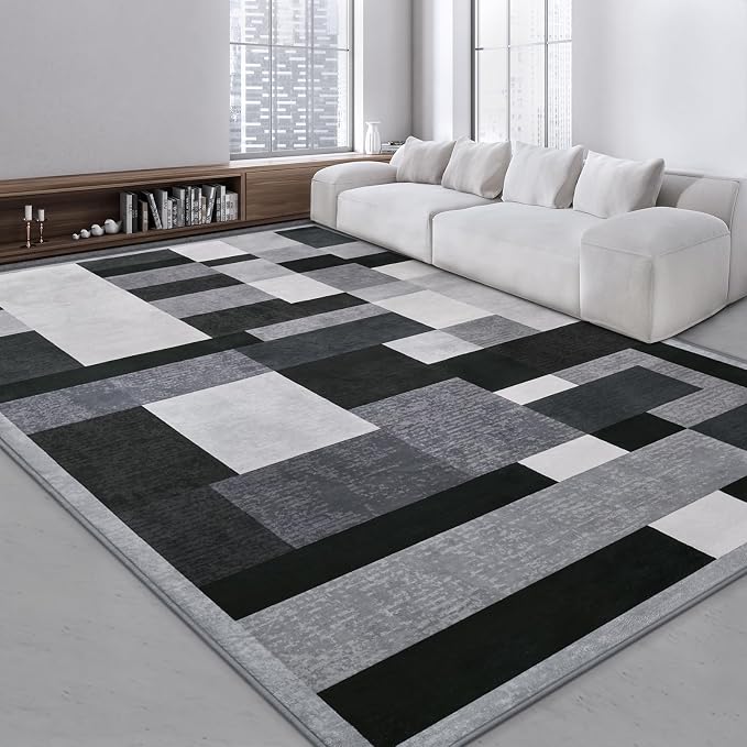 TWINNIS Indoor Modern Area Rug, 6x9 Geometric Patchwork Style Washable Large Rugs for Living Room Bedroom Hardwood Floors, Non Shedding Non Anti Backing Soft Carpet Home Floor Decor, Black