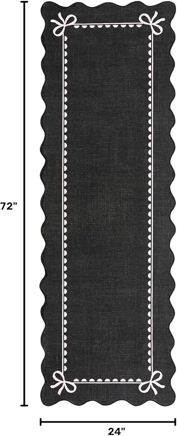 GarveeHome Scalloped Hallway Runner Rug 2x6 Non Slip Black Pink Rugs | Washable Bow Rug for Girls Bedroom Dorm Nursery Entyrway Kitchen, Soft Low Pile Ultra-Thin Stain Resistant Indoor Carpet