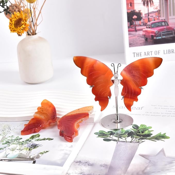 JIC Gem Natural Red Agate Crystal Butterfly Red Healing Gemstone Art Wings Carving Craft with Display Stand Decoration Reiki Chakra Balance (1pair, 10cm)