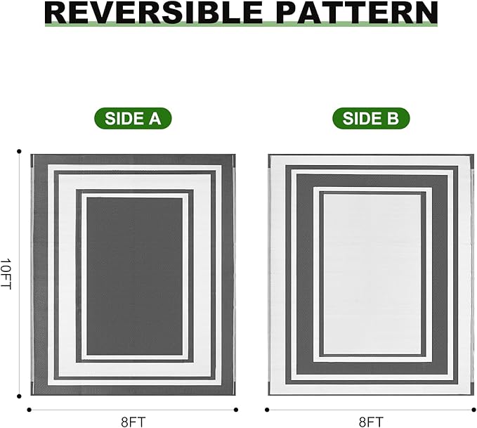 RURALITY Outdoor Rugs 8x10 Waterproof for Patios Clearance,Plastic Straw Mats for Backyard,Porch,Deck,Balcony,Reversible,Grey&White