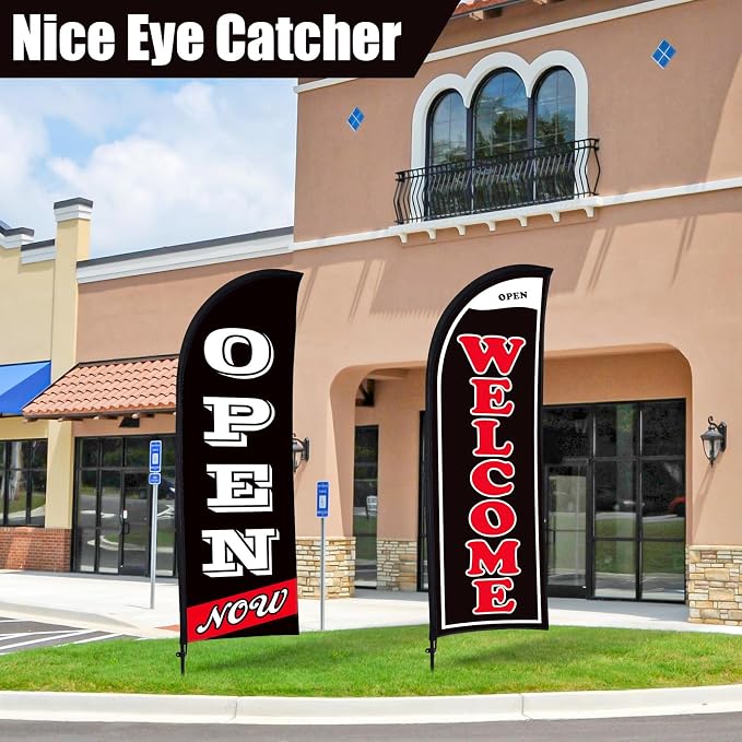 Buryeah 2 Sets Now Open Flag Banner for Business Advertising 7 ft Feather Flag Sign with Flagpole Ground Stake Portable Bag(Black)