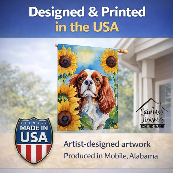 Caroline's Treasures DAC6047CHF Cavalier Spaniel in Sunflowers House Flag Large Porch Sleeve Pole Decorative Outside Yard Banner Artwork Wall Hanging, Polyester, House Size, Multicolor