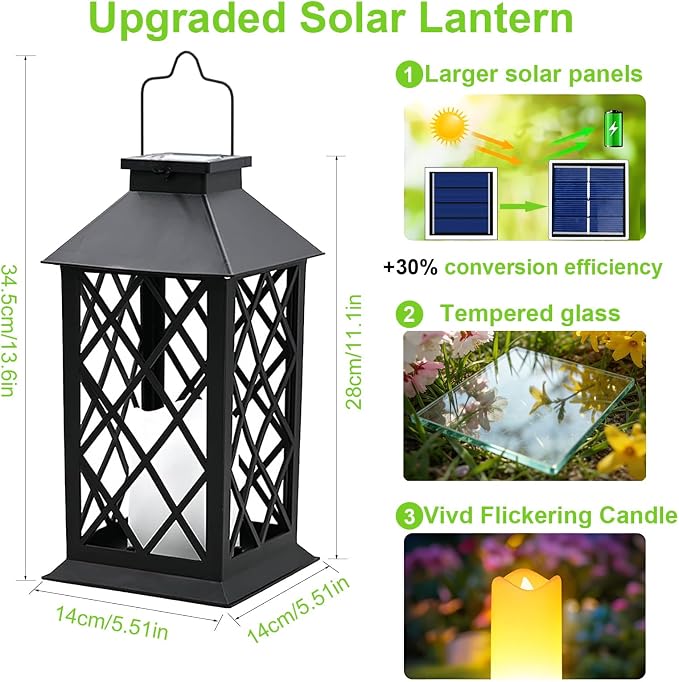 2 Pack 14" Large Tempered Glass Solar Lanterns Outdoor Waterproof, Hanging Solar Lights with Flickering Flameless Candles, Solar Lantern for Wall Porch Patio Table Garden Decoration (Black)