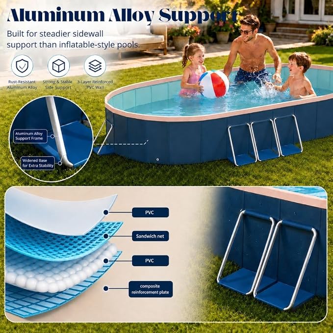 10 ft Foldable Non-Inflatable Swimming Pool, 118.11 x 86.61 x 19.69 in, Blue PVC Backyard Pool with Aluminum Alloy Triangle Supports for 2 Adults and 4 Children