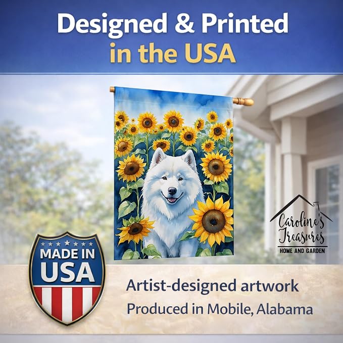 Caroline's Treasures DAC6154CHF Samoyed in Sunflowers House Flag Large Porch Sleeve Pole Decorative Outside Yard Banner Artwork Wall Hanging, Polyester, House Size, Multicolor