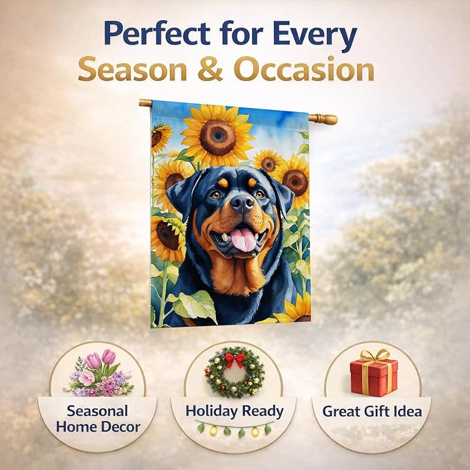 Caroline's Treasures DAC6150CHF Rottweiler in Sunflowers House Flag Large Porch Sleeve Pole Decorative Outside Yard Banner Artwork Wall Hanging, Polyester, House Size, Multicolor