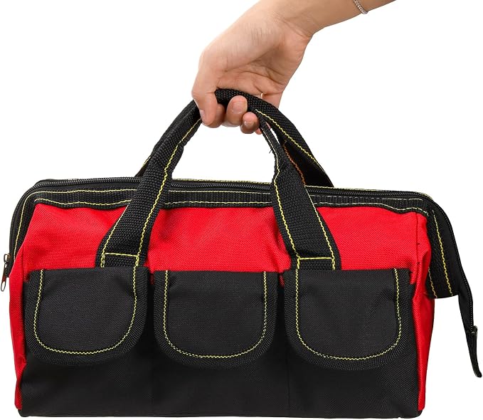 3 Pack Tool Bag, Wide Mouth Tool Tote Bag with Waterproof Base, Heavy Duty Tool Storage Bag Organizer for Various Tools, 5 Pockets, Blue, Yellow, Red, 12 Inch