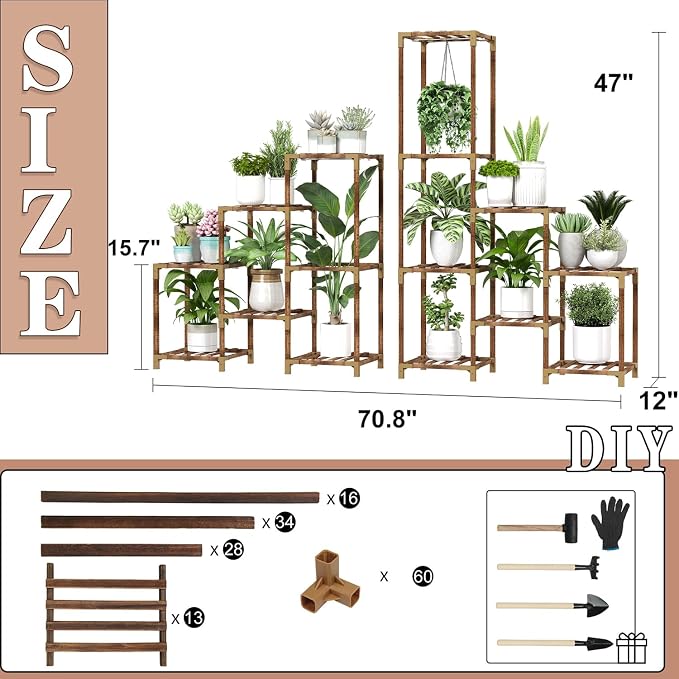 HOMKIRT Large Corner Plant Stand with Grow Light, Plant Shelf Indoor Flower Stand for Living Room Patio Garden Home Decor