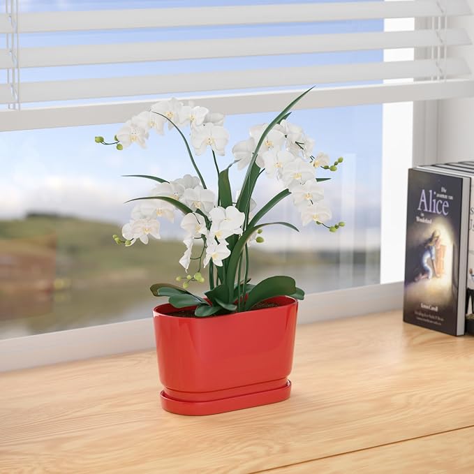 8.9" Rectangular Ceramic Planter with Drainage and Saucer, Red | Indoor Outdoor Use, 8.9"L x 4.5"W x 5.3"H, Modern Home Decor, Window Box Planter, Red Glossy Finish