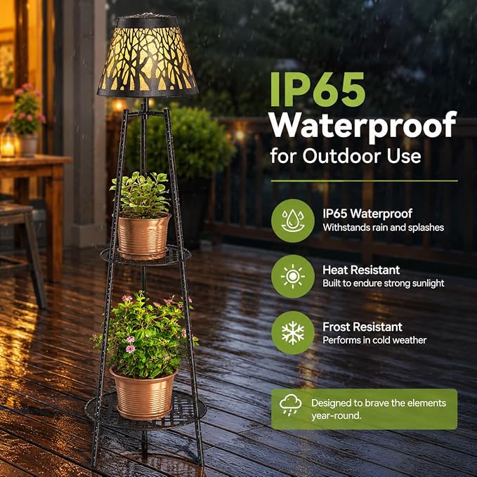 2 Pack Outdoor Solar Floor Lamp with Plant Stand, Waterproof Metal Garden Lights with 2-Tier Shelves, Decorative LED Cordless Patio Lamp for Porch, Deck, Balcony, Yard & Corner Decor (Bronze)