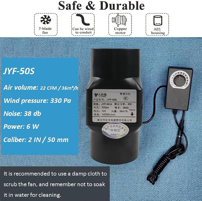 2" Inline Booster Duct Fan, Energy Efficient Ventilation Blower Exhaust Fan with Governor, Compatible with 12V/110V for Air Circulation in Ducting, Vents, Grow Tents, Black-2inch-Duct Fan