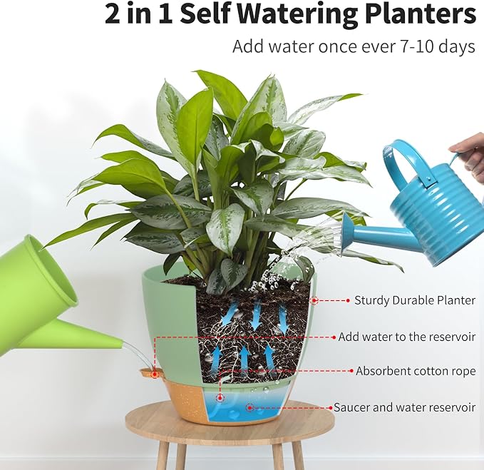 12/10/9 Inch Self Watering Pots for Indoor Outdoor Plants, Set of 3 Large Plastic Planters with Visual Water Window, Drainage Holes & Watering Lip, Modern Decorative Flower Pots (Green)