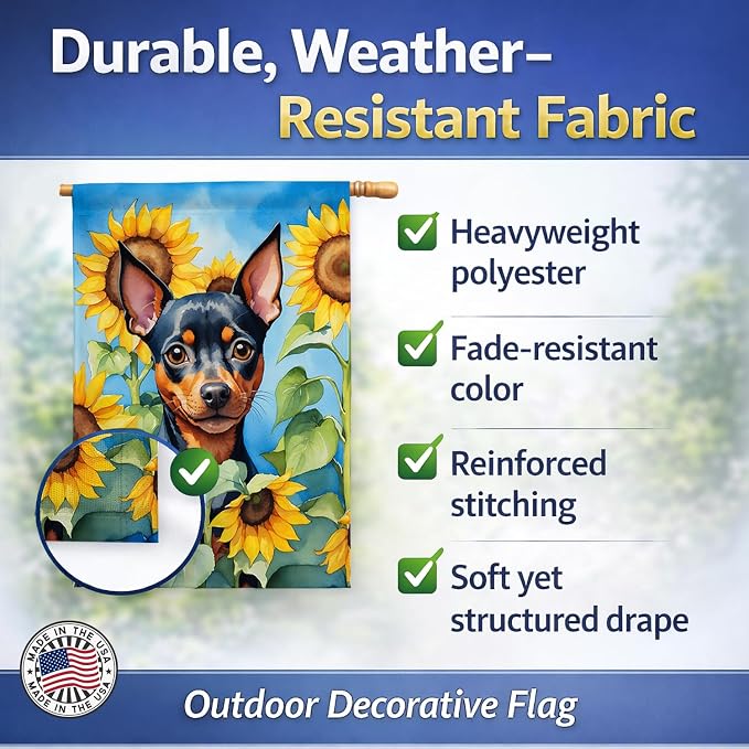 Caroline's Treasures DAC6121CHF Miniature Pinscher in Sunflowers House Flag Large Porch Sleeve Pole Decorative Outside Yard Banner Artwork Wall Hanging, Polyester, House Size, Multicolor