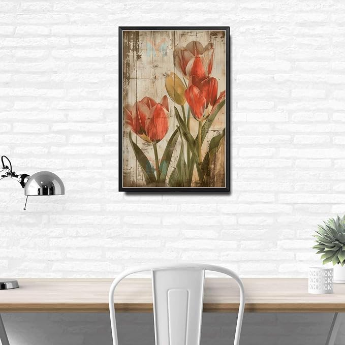 Metal Sign Tin Sign Vintage Wall Art Shabby Chic Tulips Tin Sign for Rustic Elegance Vintage Style and Distressed Wood Panels Tin Sign Garden Gift for Pub 6×8 Inches with Metal Frame