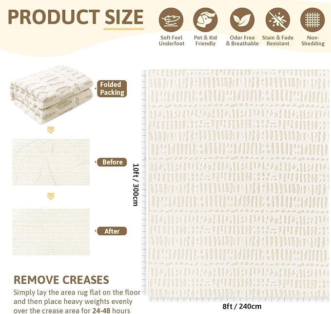 Yamaziot Washable 8x10 Area Rugs for Living Room Non Slip Ivory Beige | Modern High-Low Textured Geometric Pattern, Soft Fluffy, Neutral, Minimalist Floor Carpet for Bedroom Dining Room Kids Room