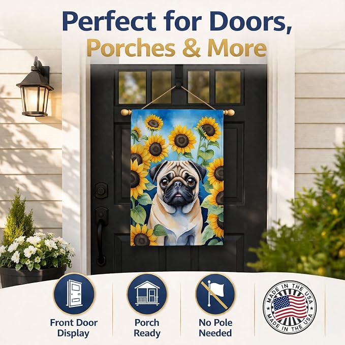 Caroline's Treasures DAC6145CHF Pug in Sunflowers House Flag Large Porch Sleeve Pole Decorative Outside Yard Banner Artwork Wall Hanging, Polyester, House Size, Multicolor