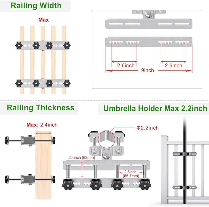 Heavy Duty Deck Railing Umbrella Holder, Adjustable Patio Umbrella Stand for 1-2 Inch Poles, Secure & Sturdy Railing Grille Mount, Maximizes Outdoor Space