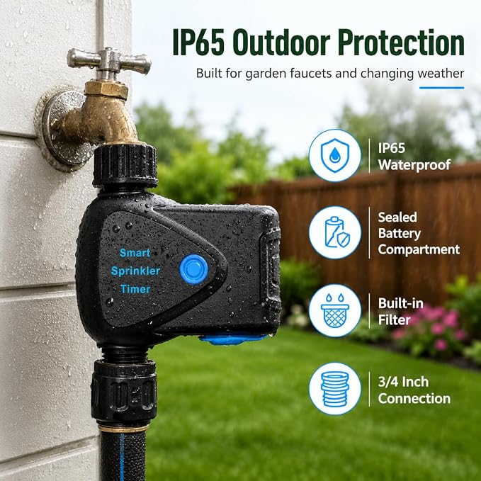 WiFi Water Timer with Built-in Flow Meter, Smart Garden Hose Controller, No Hub Required, 2.4GHz App Remote Control, Timed & Volume Watering, Rain Delay, IP65 Waterproof for Lawn Garden Greenhouse