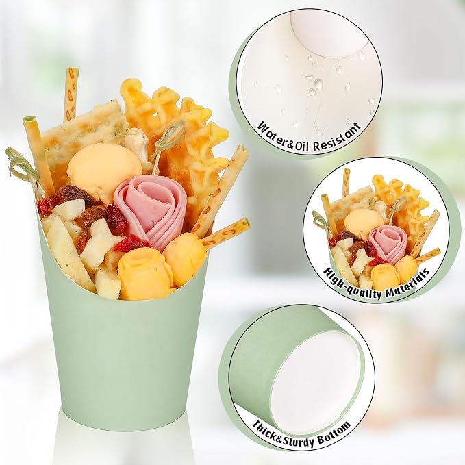 Whaline 60Pcs Sage Green Charcuterie Cups with Bamboo Sticks Plastic Treat Goodie Bags Gold Twist Ties 14oz French Fries Cup Holder for Home Kitchen Wedding Baby Shower Birthday Party
