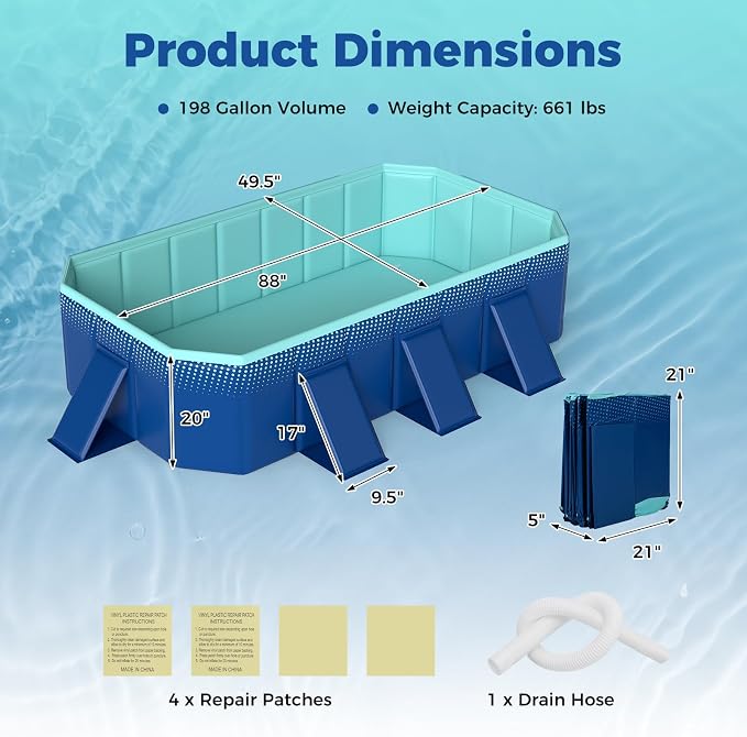 Goplus Foldable Non-Inflatable Swimming Pool, Portable Rectangle Around Ground Pool with 24 Hard Shell, Drain Hose, Outdoor Collapsible Kiddie Pool for Backyard Garden (Navy+Green,88x50 in)