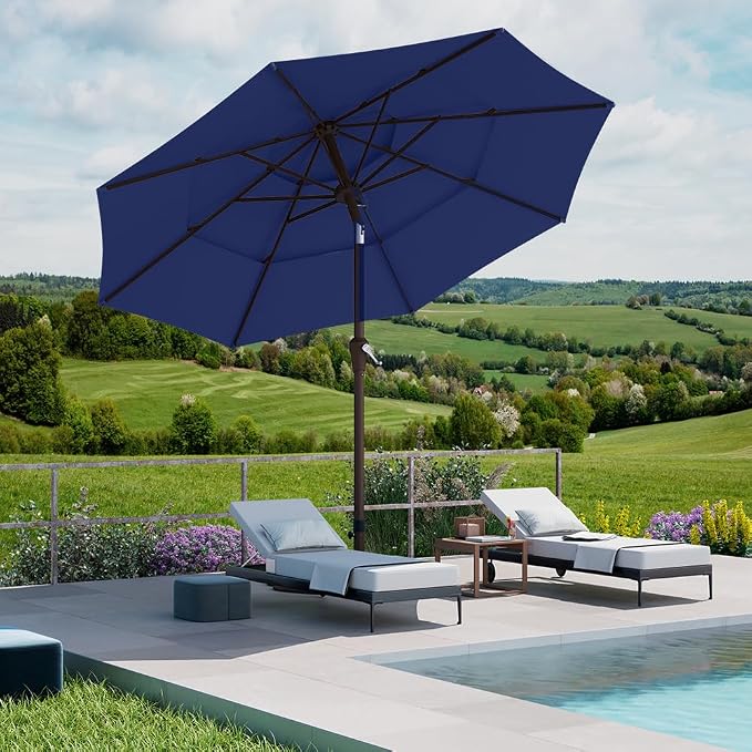 PatioKingdom 9ft 3-Tier Patio Market Umbrella with Crank/Tilt, Commercial Heavy Duty Wind Proof,Outdoor Table Umbrella with 8 Fiberglass Ribs,UPF50+ for Deck,Pool,Garden,Backyard (Navy)